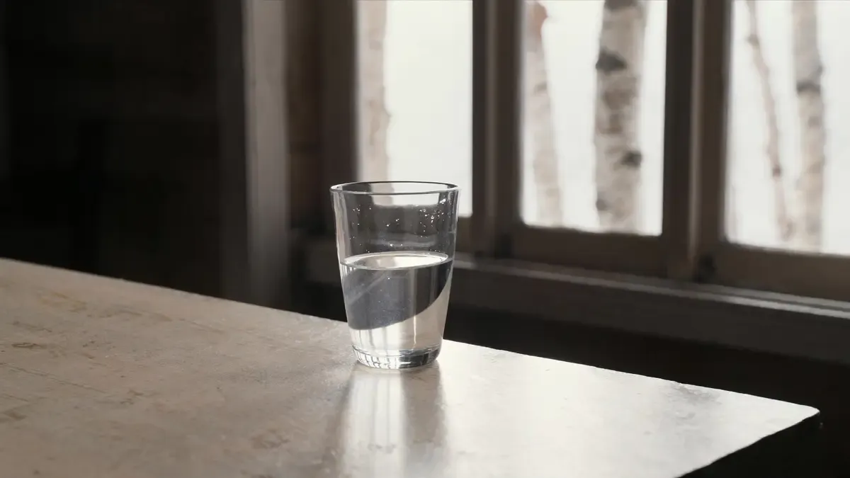 Glass of clear well water on a farmhouse table by a window in Maine